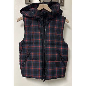 COACH Riley Vest Size XS‎ Navy Crimson Plaid Quilted Down Designer Full Zip Warm
